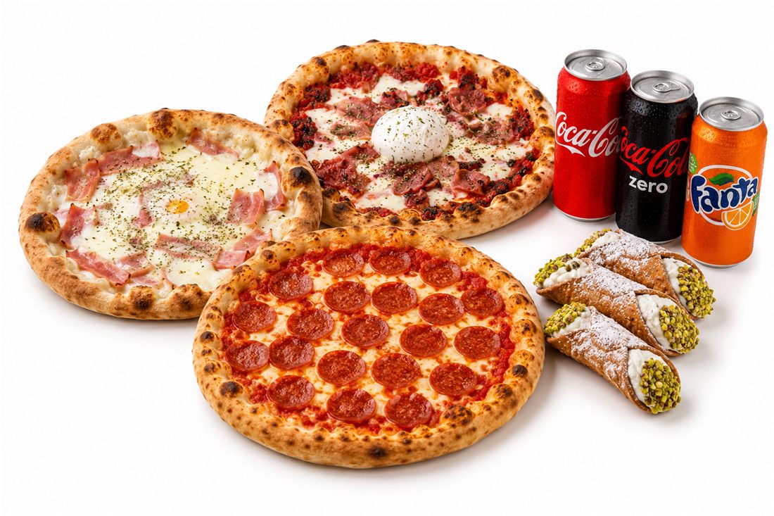 Combo Family: tres pizzas medianas, tres bebidas y tres cannoli sicilianos