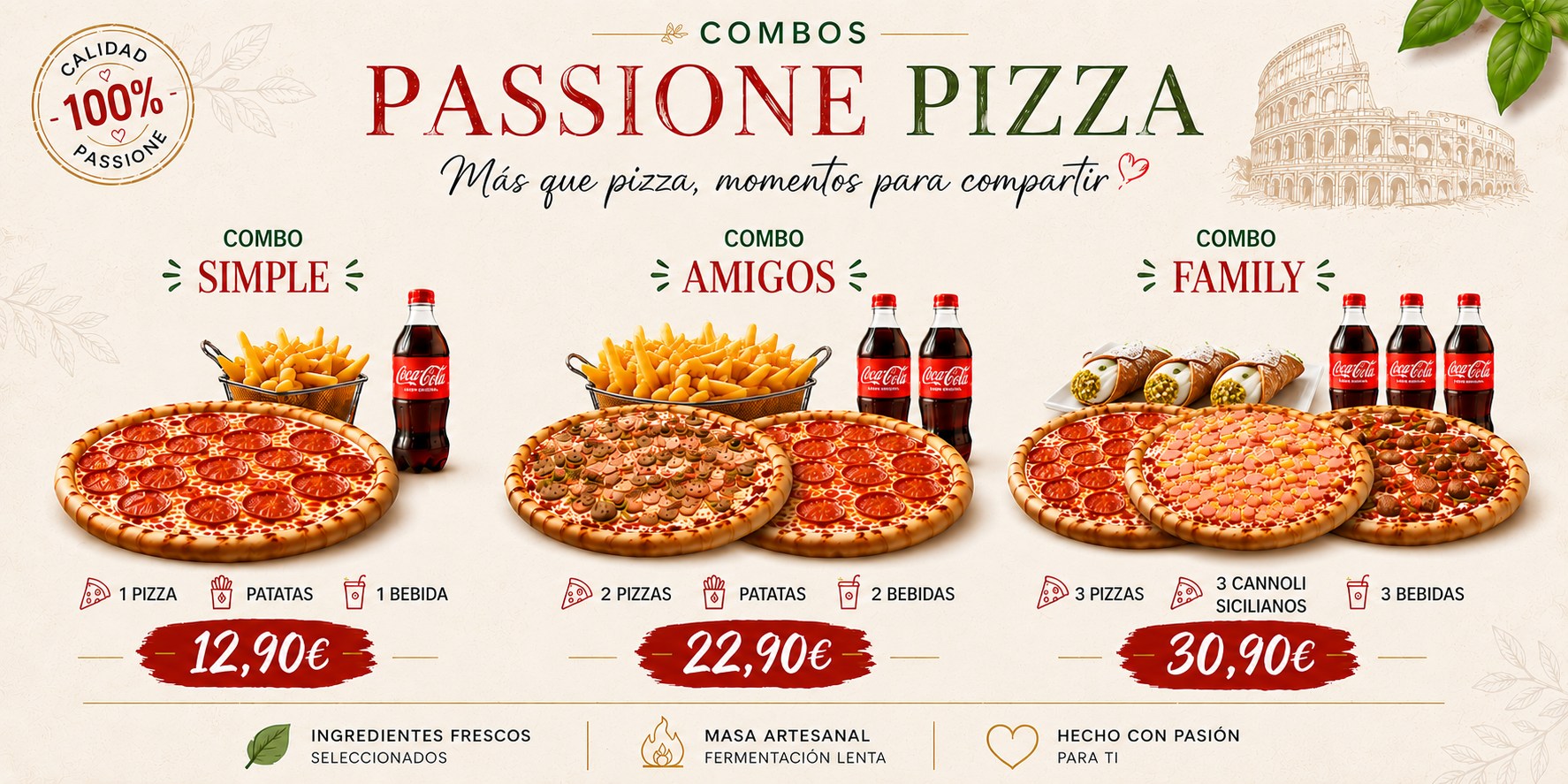 Combos Passione Pizza — Combo Simple 12,90€, Combo Amigos 22,90€ y Combo Family 30,90€